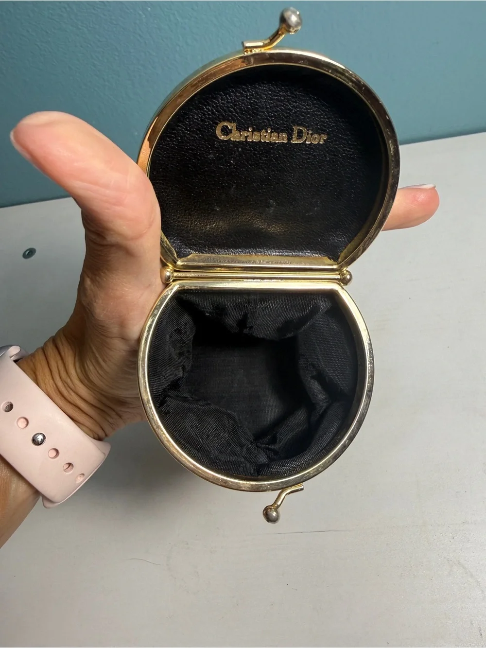Vintage Christian Dior Black Leather Kiss-Lock Coin Purse Pouch Gold-Tone Logo